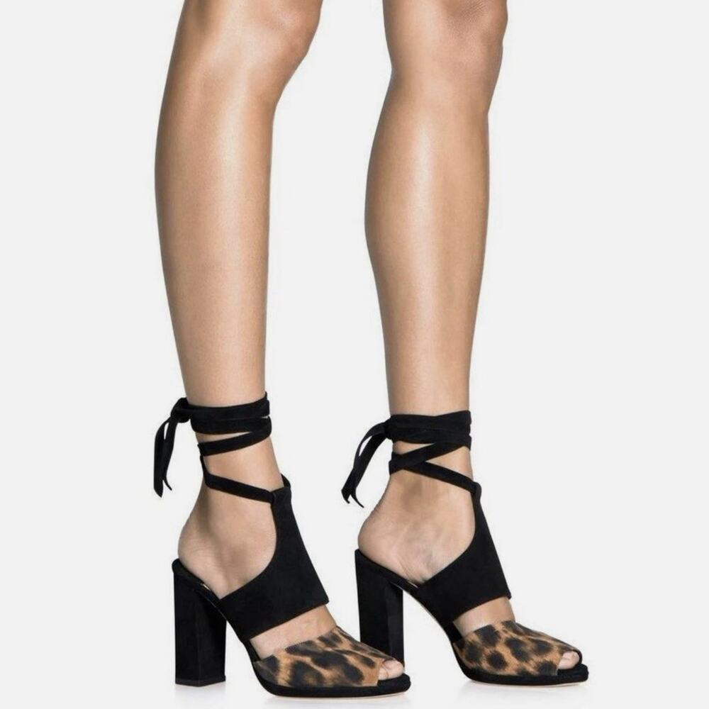 Tamara Mellon Tied up Sandals Black Leopard Suede 96mm‎ Heels US 9.5 EU 39.5